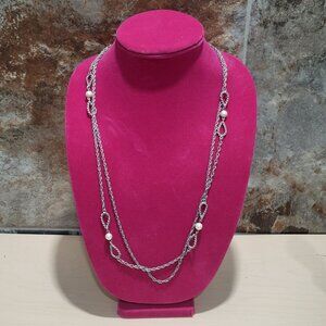 Multi Strand Silver Tone Long Chain Necklace Faux Pearls 28 Inches